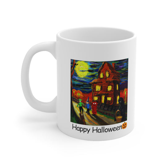 Van Gogh-Inspired Halloween Mug Whimsical Trick or Treaters and Haunted House Scene Mug Design- Perfect Fall Beverage Cup 11oz