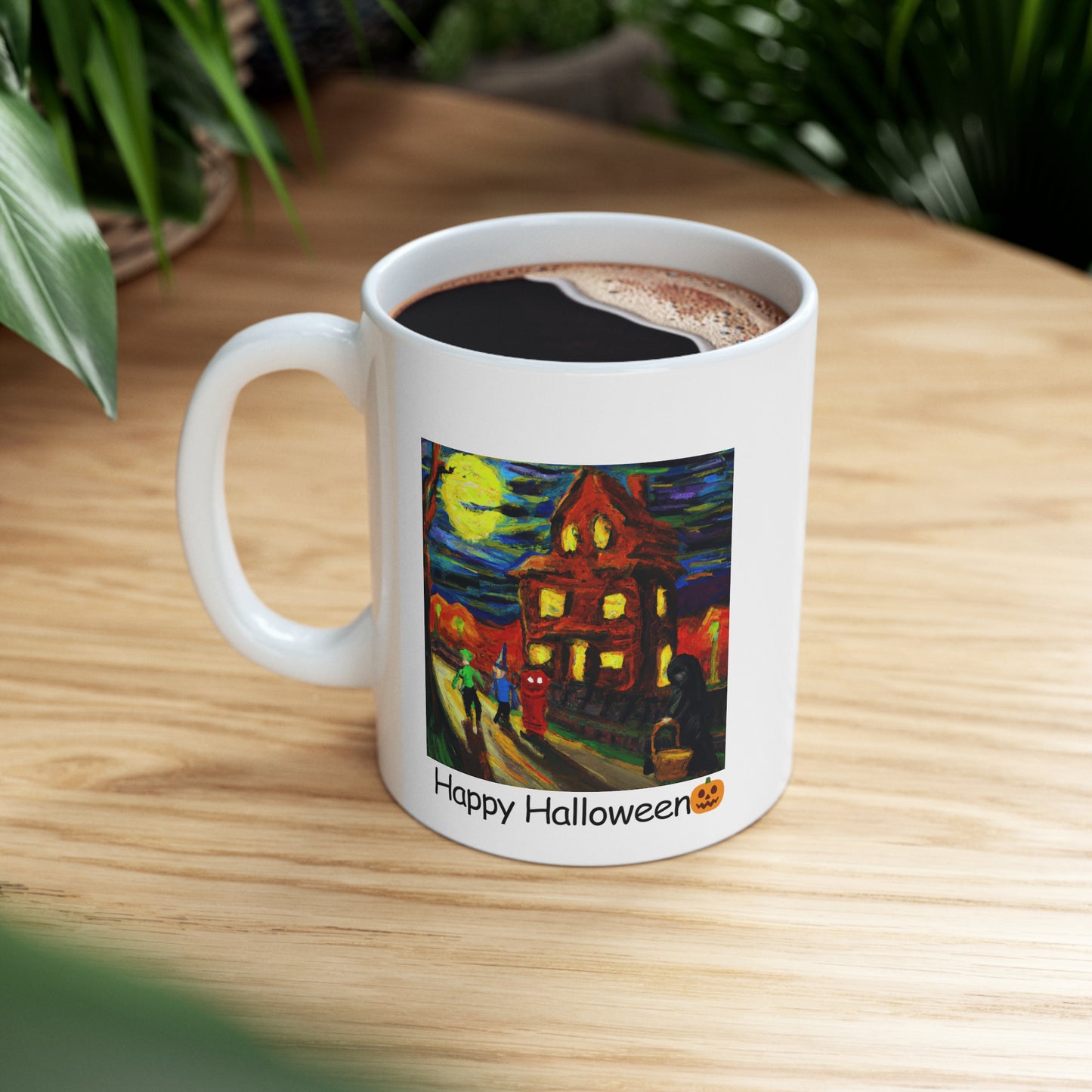 Van Gogh-Inspired Halloween Mug Whimsical Trick or Treaters and Haunted House Scene Mug Design- Perfect Fall Beverage Cup 11oz