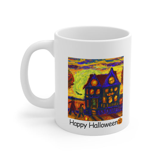 Van Gogh-Inspired Halloween Mug Whimsical Trick or Treaters and Haunted House Scene Mug Design - Perfect Fall Beverage Cup, Custom Mug