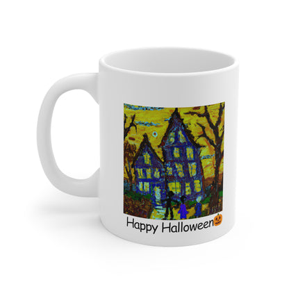 Van Gogh Inspired Halloween Mug Whimsical Trick or Treaters and Haunted House Scene Mug - Perfect Fall Beverage Cup 11oz