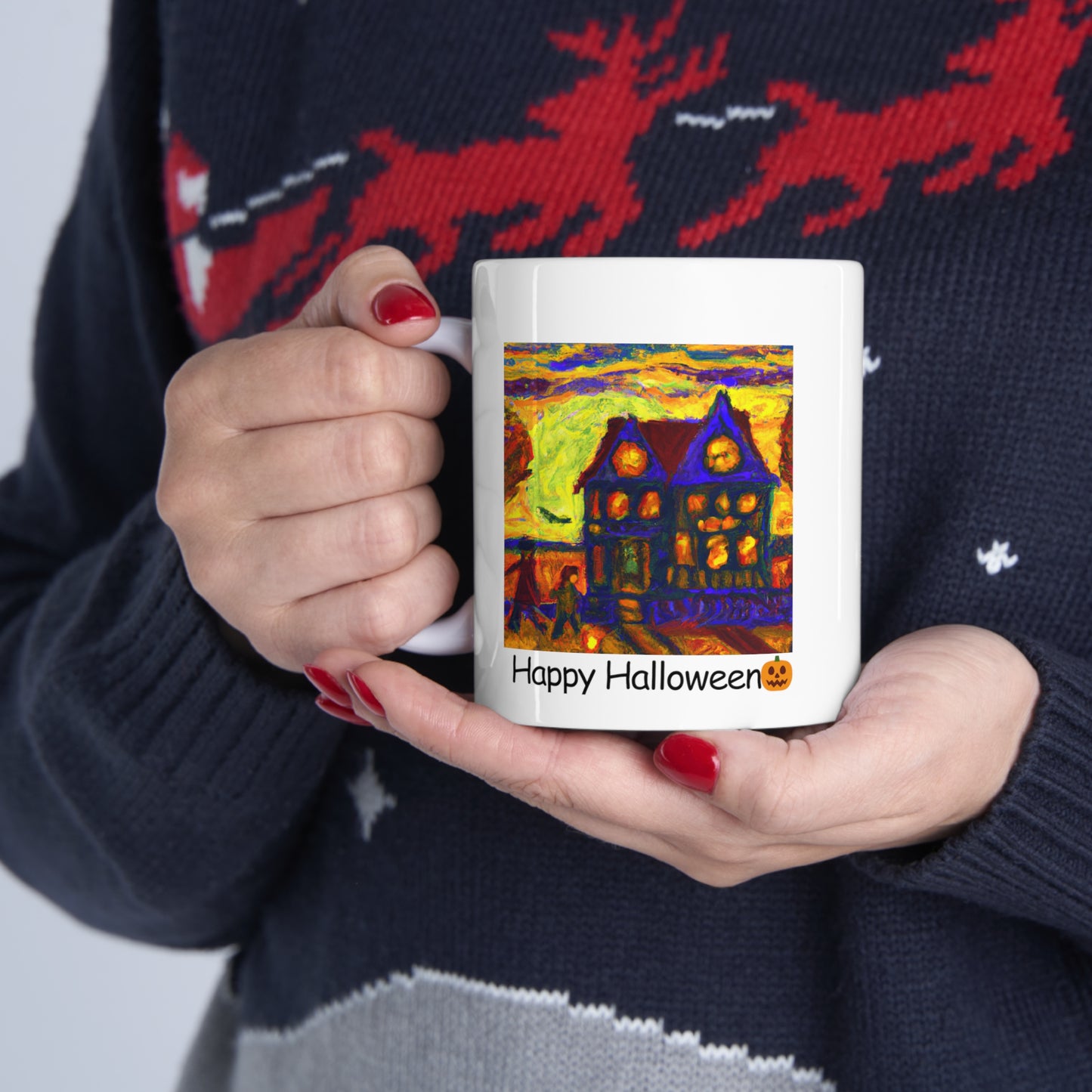 Van Gogh-Inspired Halloween Mug Whimsical Trick or Treaters and Haunted House Scene Mug Design - Perfect Fall Beverage Cup, Custom Mug