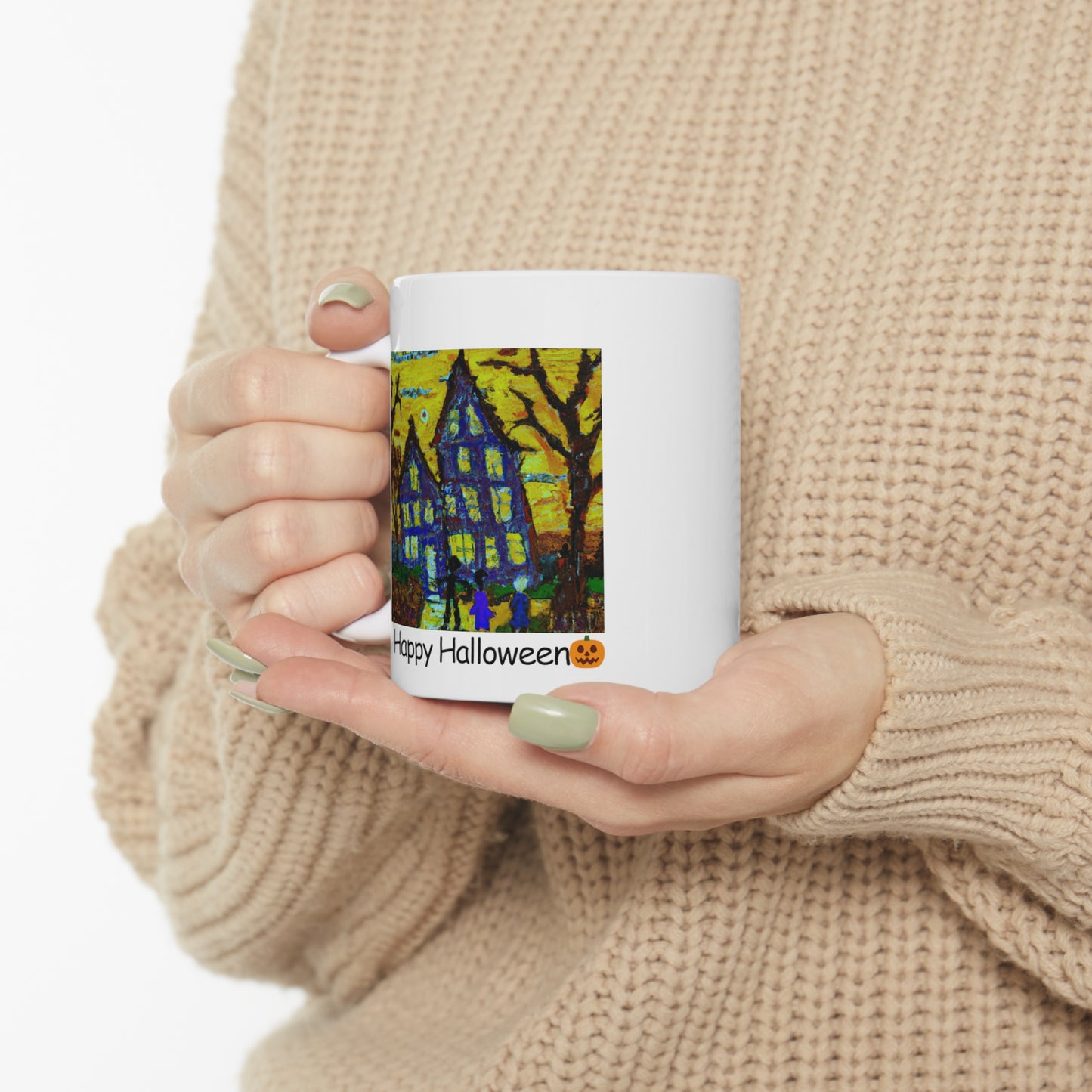 Van Gogh Inspired Halloween Mug Whimsical Trick or Treaters and Haunted House Scene Mug - Perfect Fall Beverage Cup 11oz