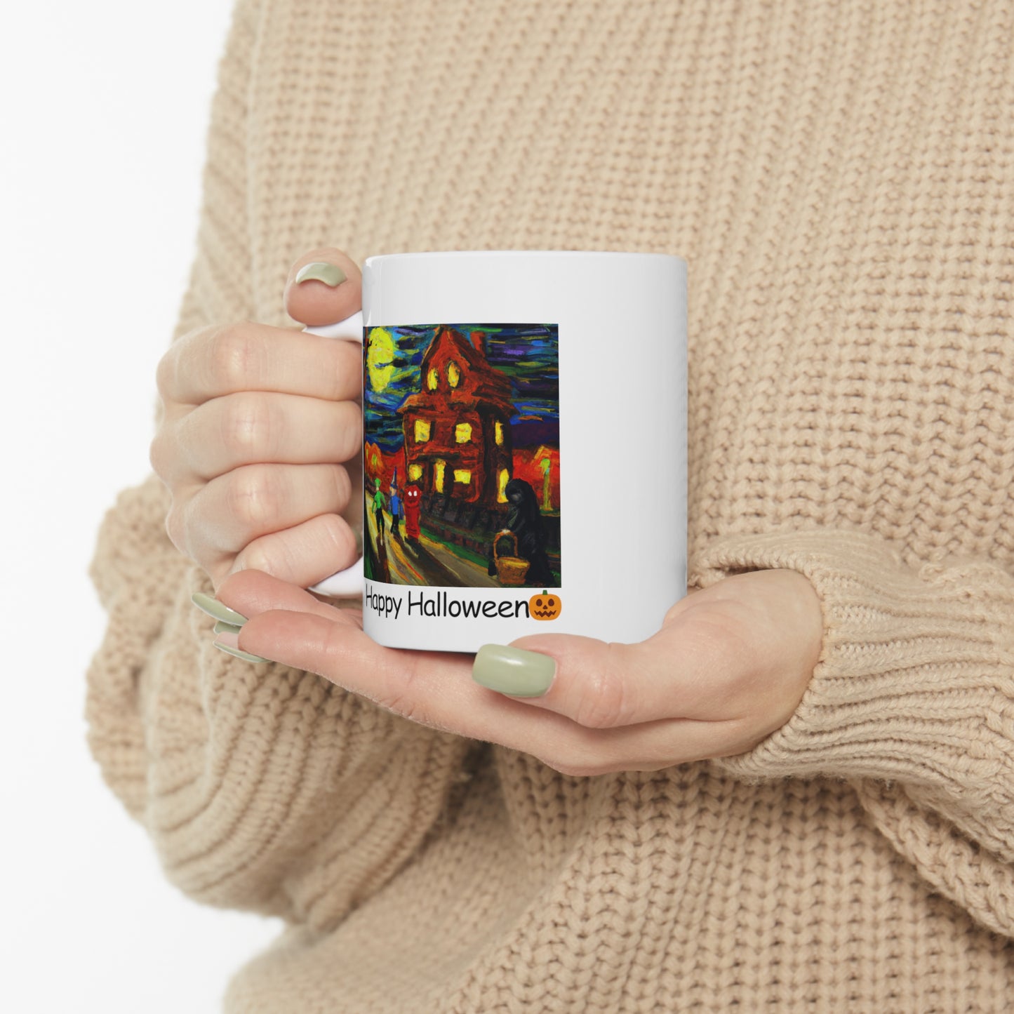 Van Gogh-Inspired Halloween Mug Whimsical Trick or Treaters and Haunted House Scene Mug Design- Perfect Fall Beverage Cup 11oz